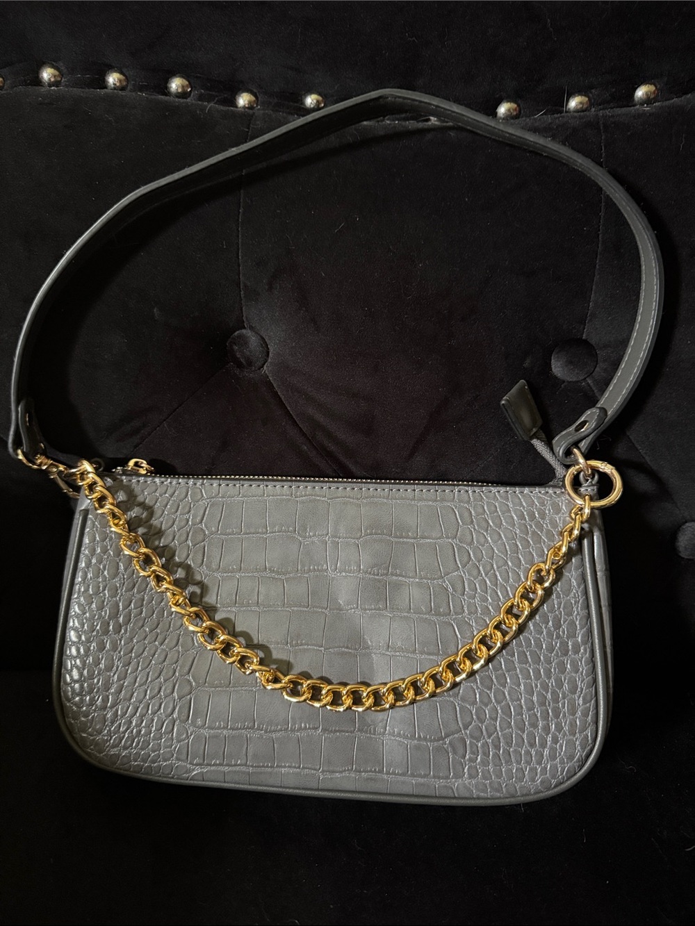 Gray Faux Croc-Embossed Shoulder Bag with Gold Chain